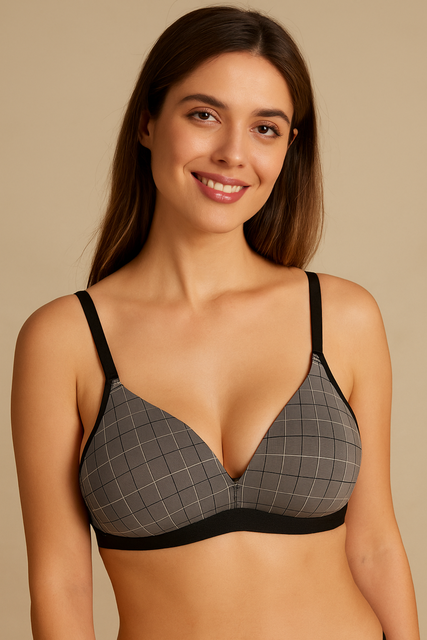 Wireless Checkered Soft Padded Deep Cleavage Bra