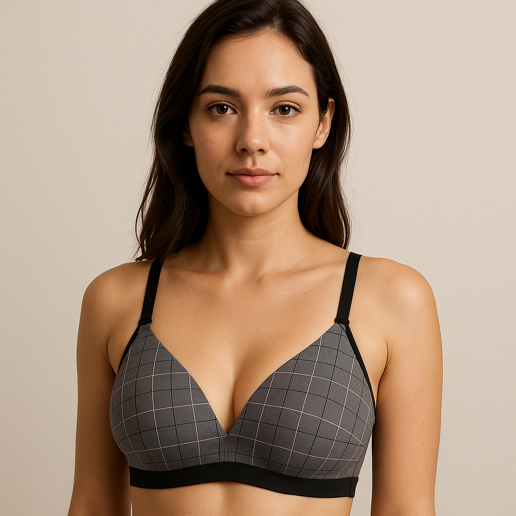 Wireless Checkered Soft Padded Deep Cleavage Bra